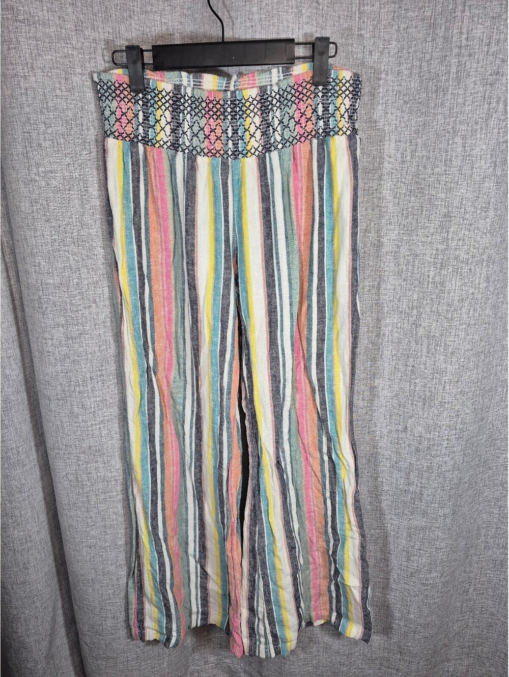 Rocks & Indigo Women’s Large Linen Blend Striped Wide Leg Pants Smocked Waist